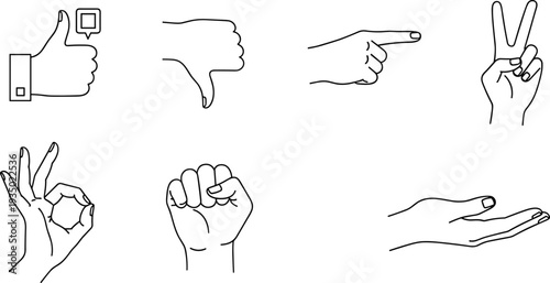 Hand gesture line icons vector set with thumbs up thumbs down pointing peace and fist symbols