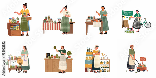 Illustrations of women preparing, preserving, and selling homemade pickles and jarred goods at various market and home settings.