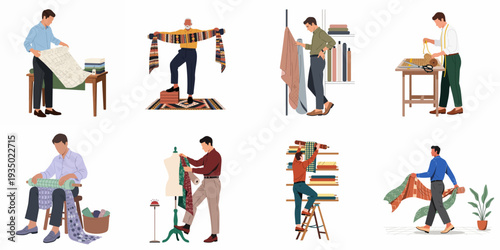 Diverse individuals engaging in textile craftsmanship, showcasing various stages of fabric handling, design, and retail processes with colorful patterns and materials.