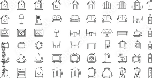Hand Drawn Home Interior Icon Set with Furniture Appliances Kitchen Tools and Household Objects Outline Vector Collection