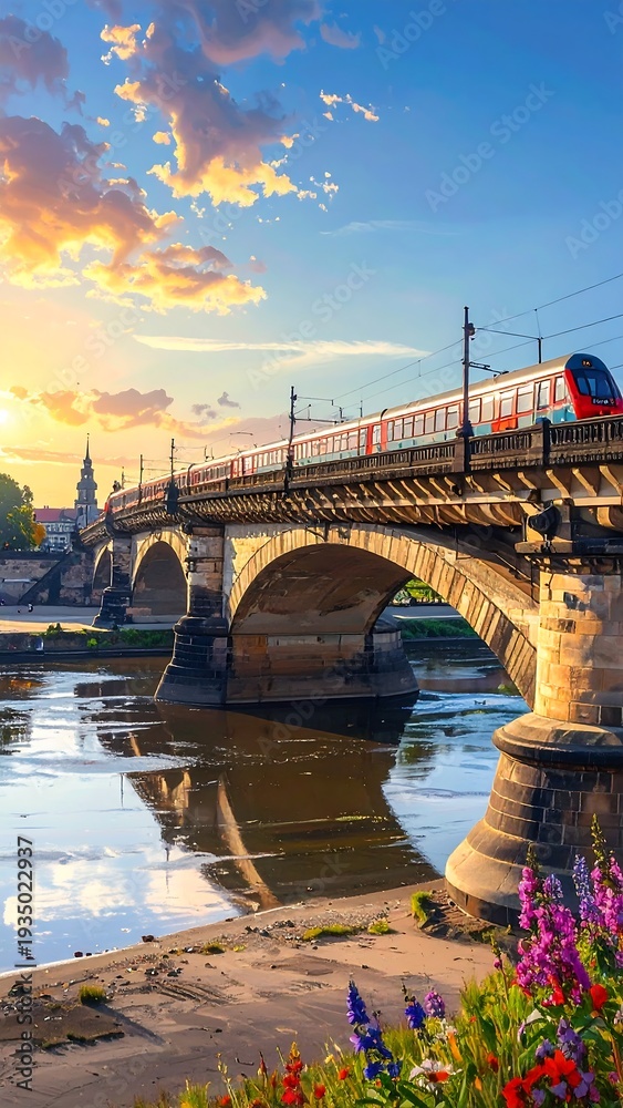 Fototapeta premium A serene landscape with a train crossing a stone bridge over a river at sunset