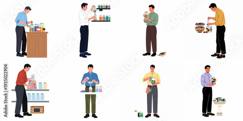Men working with various colorful candies and sweets, filling jars and arranging stock in a store or confectionery shop.
