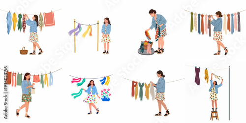 Collection of illustrations featuring a young woman hanging and arranging various colorful scarves and textiles on a clothesline, depicting domestic tasks and fashion display.