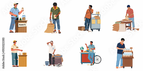 Diverse street vendors selling fresh peanuts in various market settings, illustrating local commerce, entrepreneurship, and everyday life scenarios.
