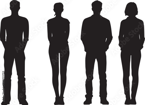 Black silhouette people standing together representing unity, identity, and modern society isolated on white background