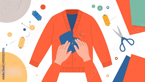 Clothing repair and sewing concept with hands stitching torn sweater, DIY garment mending tools flat vector illustration
