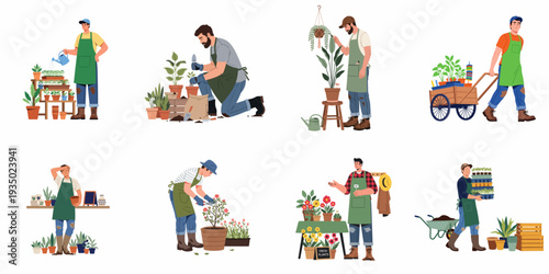 Collection of diverse male gardeners tending to plants, performing various horticulture tasks like watering, planting, pruning, and selling at a market.