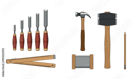 Carpentry and woodworking hand tools collection including chisels, hammer, mallet, ruler and pencil, traditional carpenter equipment vector illustration for construction, workshop and DIY craft