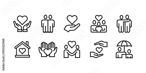 Collection of line art icons representing care support and relationships love heart