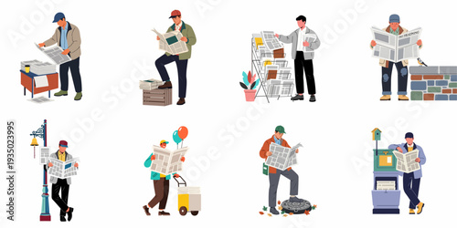 Diverse Men Reading Newspapers: Daily News, Information, and Media Consumption in Various Urban Settings, illustrated in a modern flat design style.