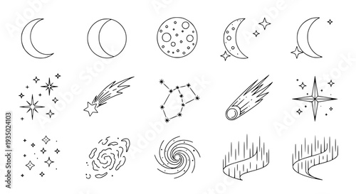 Celestial body set with moon phases, stars, and comets featuring star, comet, constellation with galaxy and astronomy