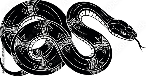 Coiled snake silhouette with detailed scales and forked tongue, dangerous reptile predator illustration isolated vector design for wildlife, tattoo, mythology and nature themes.
