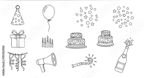 Party supplies line art set with cakes, balloon, gift box, confetti, and champagne bottle featuring celebration,