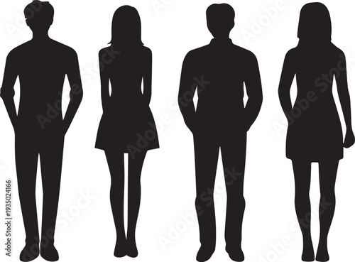 Black silhouette people standing together representing unity, identity, and modern society isolated on white background