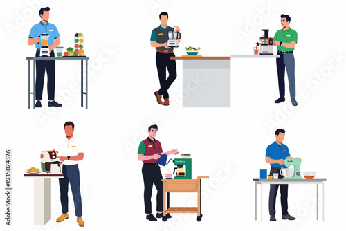 Men utilizing a variety of modern kitchen appliances for food preparation, from blending healthy smoothies and juicing to air frying, coffee making, and baking.