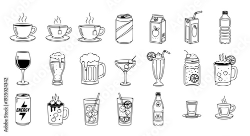 Drinks collection set with various beverages and glasses outlined featuring cups, mugs, cans with bottles and wine