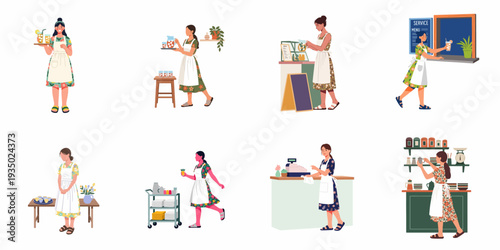 Illustrations of women working in a cafe, performing various tasks like serving drinks, preparing food, taking orders, and cleaning, showcasing diverse roles in hospitality.
