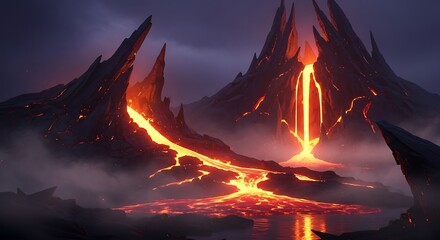 Leinwandbilder Aubergine A dark fantasy landscape with a glowing orange lava flow  © pandu