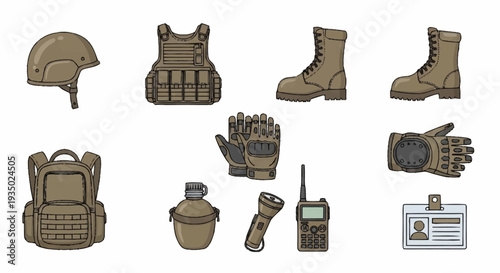 Military Equipment and Gear Set for Tactical Operations.