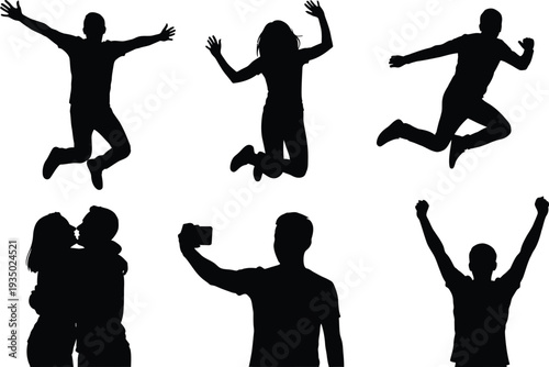 Silhouettes of people jumping and posing in various energetic and happy positions  isolated on white