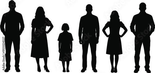 Silhouette of a diverse group of six people standing in a row together