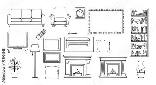 Furniture set line art with sofa, armchair, fireplace, bookcase, television, rug, and decor elements.