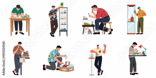 Watchmaking and Timepiece Expertise: Illustrative scenes of skilled professionals repairing, cleaning, displaying, and selling watches and clocks, showcasing precision and care in the horology craft.