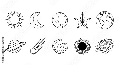 Celestial Body Icons Set with Various Space Symbols featuring astronomy, planet, moon with sun and star elements for