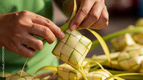 Closeup of hands weaving a traditional Ketupat rice cake pouch from palm leaves