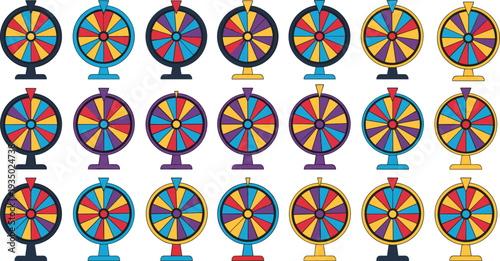 Colorful spinning prize wheel collection set with pointer and stand, carnival game fortune wheel icons for lottery, casino, lucky draw, game show concept vector illustration.
