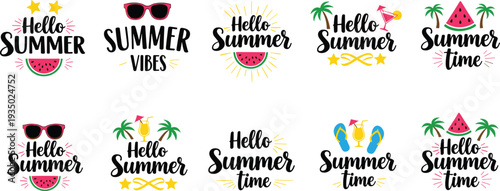 Summer Vibes Typography Collection with Fun Summer Icons like Watermelon, Sunglasses, and Palm Trees