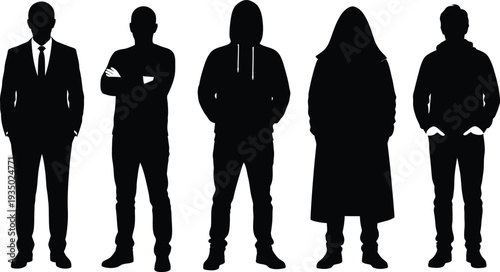 Five black silhouettes of people standing in different casual and formal poses side by side