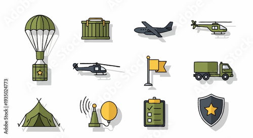 Military icons collection with vehicles and equipment.