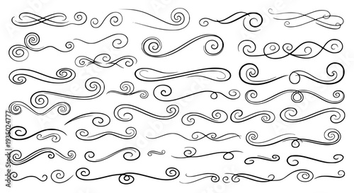 Swirls decorative set with flowing lines and curls featuring curves, swirling, ornaments with patterns and designs