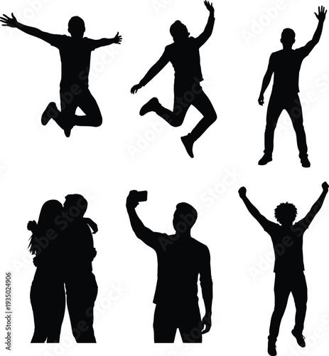 Seven black silhouettes of people jumping and standing in various happy poses isolated on white