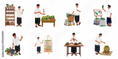 Traditional Herbal Medicine Production: A Comprehensive Illustration of Natural Remedy Preparation, from Plant Cultivation to Final Potion Making by Skilled Herbalists.