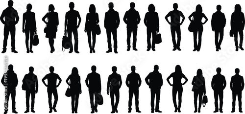 Silhouettes of people standing in various poses with some carrying bags or briefcases