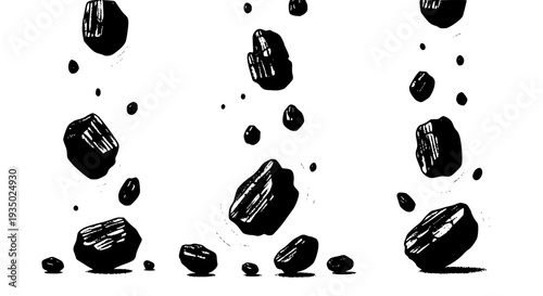 Rocks falling set with black ink splatters and fragments featuring stones, dropping, dark with grunge and messy