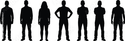 Seven adult human silhouettes standing in a row facing forward in casual clothes
