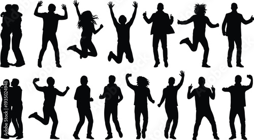 Collection of various people silhouettes in different poses and movements on white background