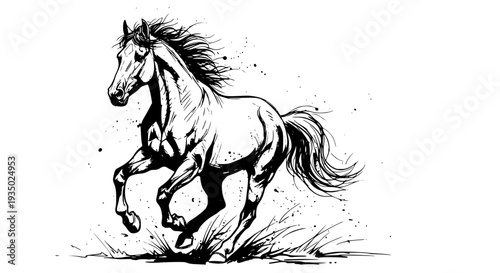 Horse galloping with mane flying and dust kicked up, black ink sketch featuring running, speed, power with freedom and