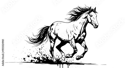 Horse running with flowing mane and tail in dynamic motion featuring galloping, black and white, sketch with