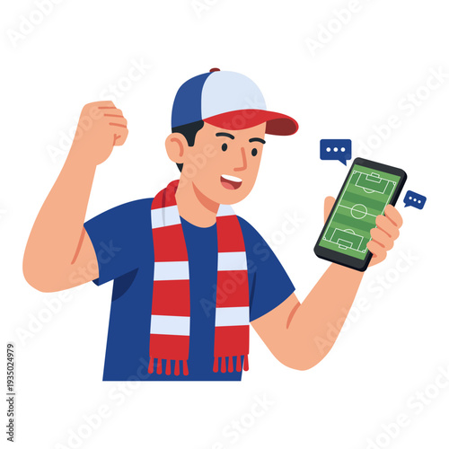 Football Fan Enthusiastically Watches a Live Match on His Smartphone with Chat Bubbles