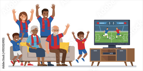 Family Watching Football Match on Television and Cheering Together at Home for Team Victory