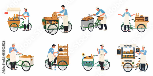 Artisan bakers selling fresh bread and pastries from various charming bicycle carts, illustrating diverse street food vending, mobile bakery, and local market concepts.