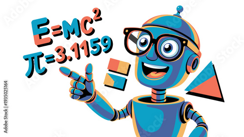 A creative illustration of a cheerful robot with glasses showing mathematical equations.