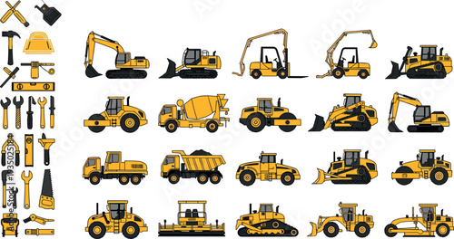Construction machinery and repair tools collection with excavators, bulldozers, dump trucks, rollers and hand tools, heavy equipment vector set for engineering and building industry