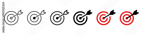 Target and goal icons with arrow hitting the center. Minimal outline and filled styles representing success, achievement, strategy, focus, and business objective concept.