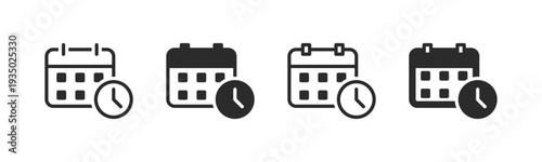 Calendar icons with clock symbol showing scheduling, reminders and deadlines. Minimal outline and solid vector set representing planning, meetings and time control.