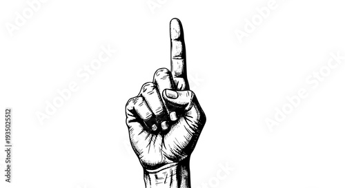 Hand with middle finger raised in monochrome illustration with detailed shading featuring gesture, rude, obscene with